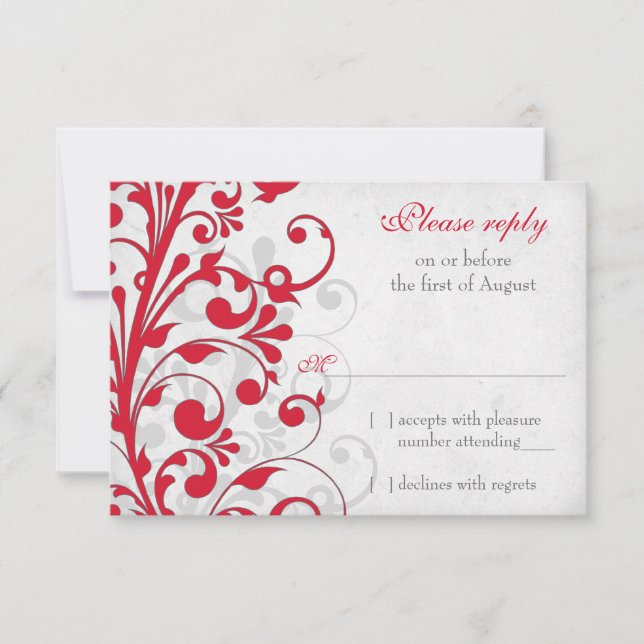 Respuesta RSVP de Boda Floral Gris Gris de Plata R (Anverso)
