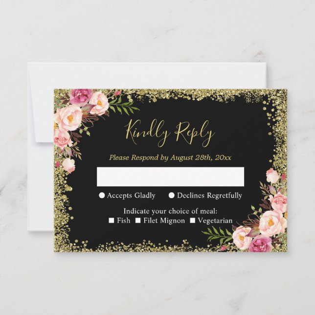 Respuesta RSVP de Boda Floral Rosa de Oro Negro Pu (Anverso)