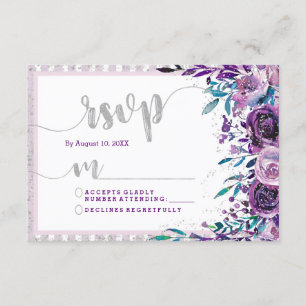 Respuesta RSVP de Boda Morada Floral y Plata