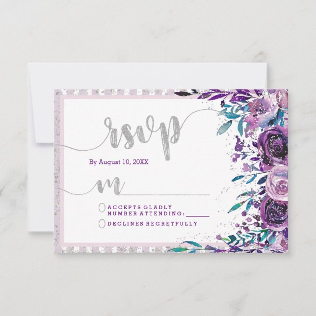 Respuesta RSVP de Boda Morada Floral y Plata (Anverso)