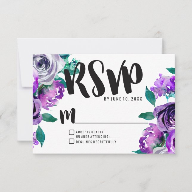 Respuesta RSVP de Boda Rosa floral Mint & Purple (Anverso)