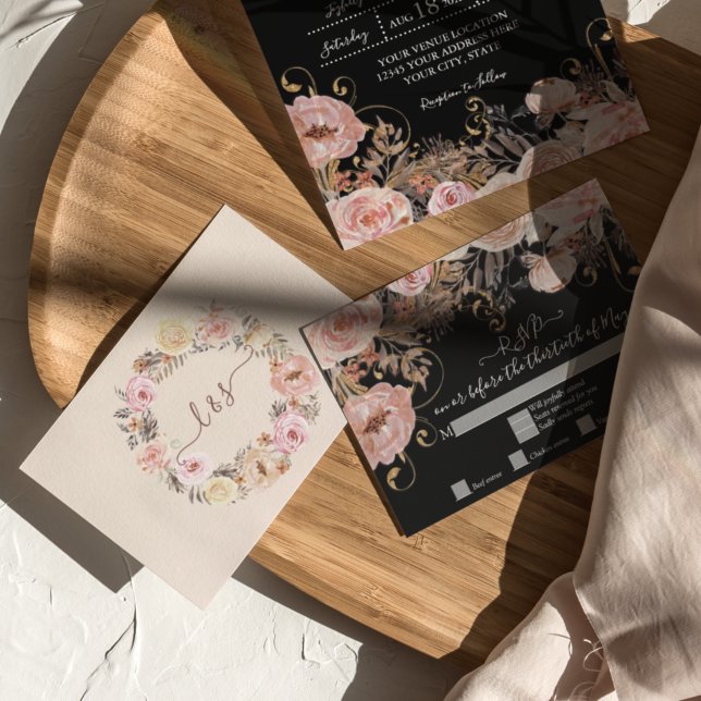 Respuesta RSVP de Boho Black Floral Rosa Rosa Rosa (Subido por el creador)