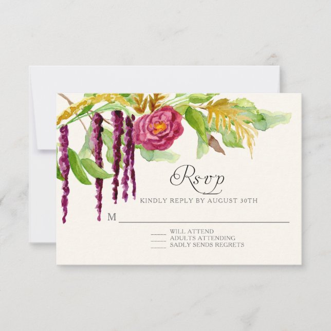 Respuesta RSVP de Burgundy Floral BOHO Rustic Wood (Anverso)