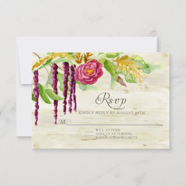 Respuesta RSVP de Burgundy Floral BOHO Rustic Wood (Anverso)