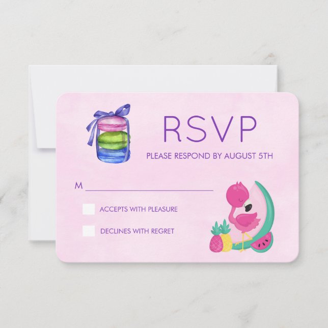 Respuesta RSVP de Flamingo Rosa con Frutos y Macar (Anverso)