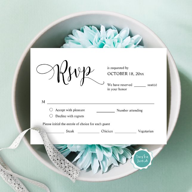 Respuesta RSVP de invitación de boda, tarjeta de o (Modern Wedding Invitation RSVP card, with meal options, accept, decline and number attending.)