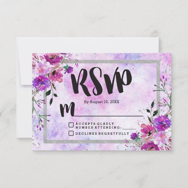 Respuesta RSVP de la boda de marco morado floral y (Anverso)