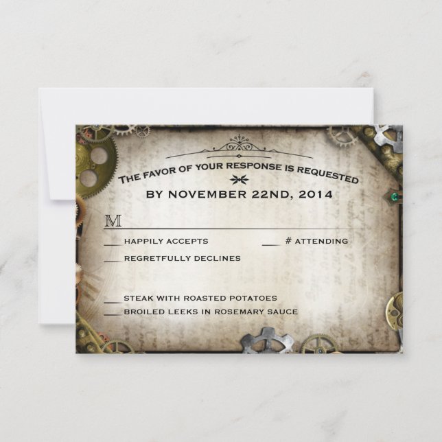 Respuesta RSVP de la boda victoriana Steampunk Gea (Anverso)