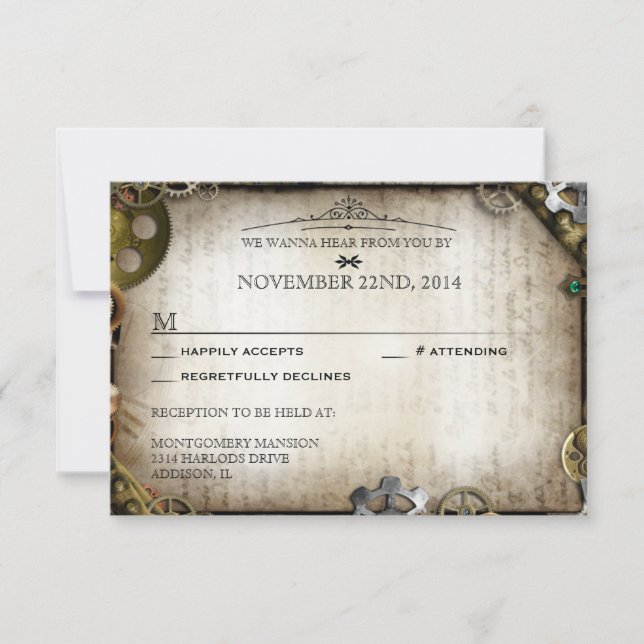 Respuesta RSVP de la boda victoriana Steampunk Gea (Anverso)