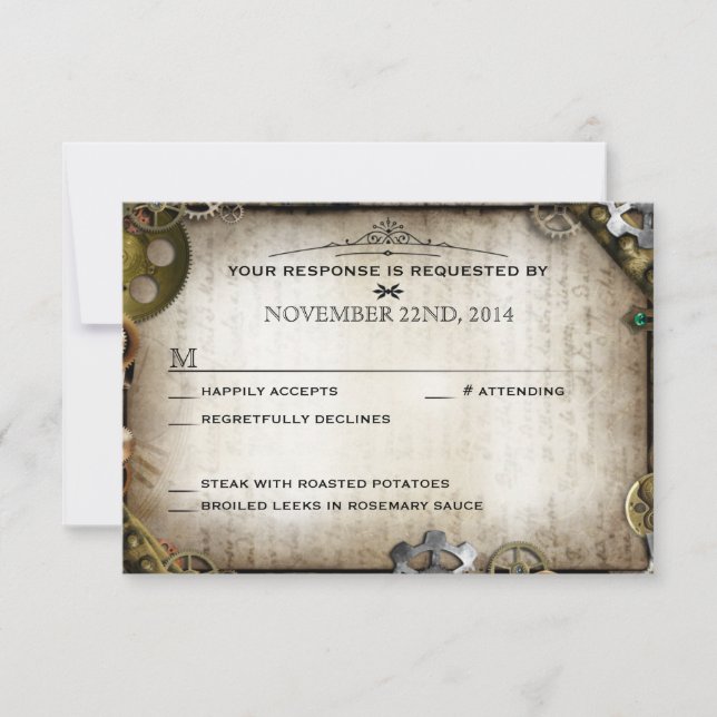 Respuesta RSVP de la boda victoriana Steampunk Gea (Anverso)