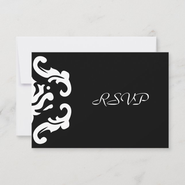 Respuesta RSVP en Damasco blanco y negro elegante (Anverso)