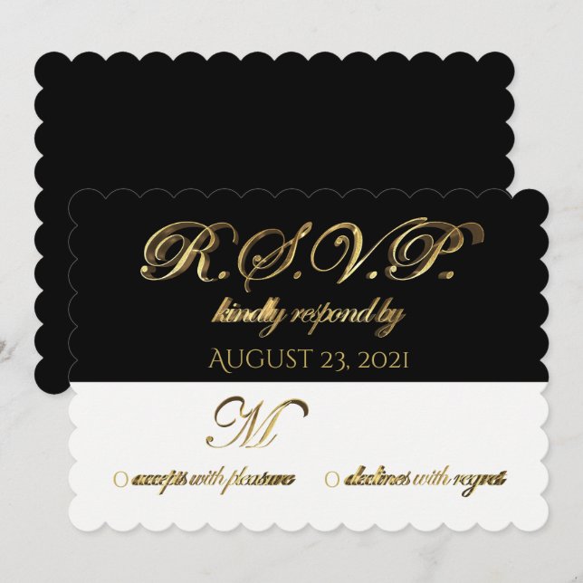 Respuesta Tarjeta de Boda RSVP Negro Blanco Dorado (Anverso / Reverso)