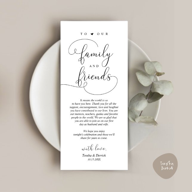 Restaurante De Cena Gracias A La Elegante Tarjeta  (Modern Romantic Script, Wedding Dinner Place Setting Thank You Card, in Black and White)