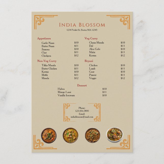 Restaurante Indio Moderno Menú Plano Borde Dorado (Anverso)