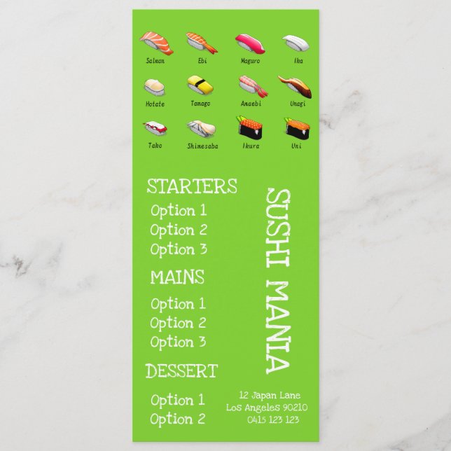 Restaurante japonés Sushi menú de cena wasabi (Anverso)