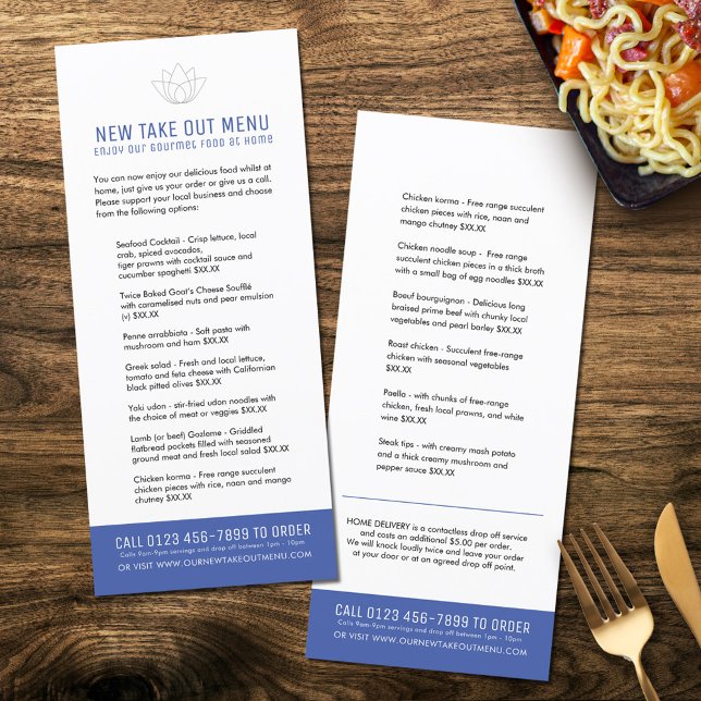 Restaurante nuevo menús para llevar azul (Business restaurant trial new take out menu)