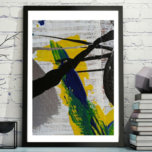 Resumen Arte Pintura gris azul amarillo negro (Art viewed in a frame example.)