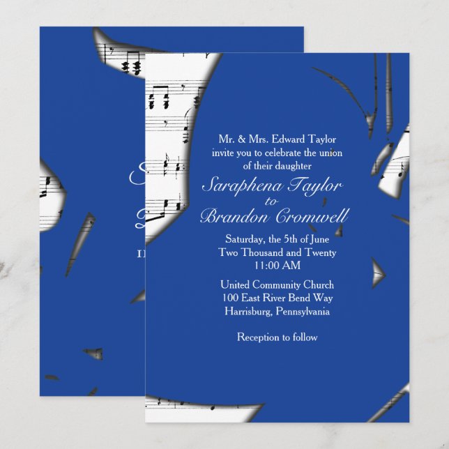 Resumen de la invitación al Boda de música azul (Anverso / Reverso)