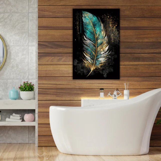 Resumen de modernidad de arte Metalizado verde azu (Faux Gold and Teal Feather on Black Metal Wall Art Abstract and Contemporary)