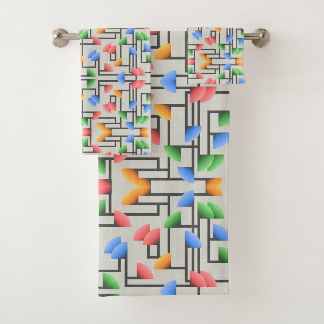 Resumen geométrico, azul, oro, coral, verde (In situ)