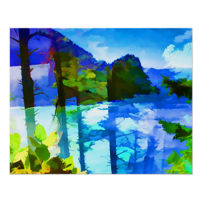 Resumen Océano y montañas Poster brillante (Anverso)