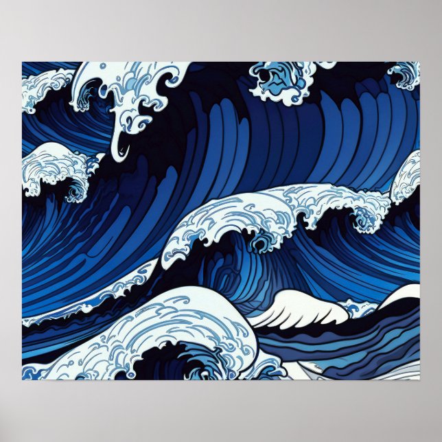 Resumen Olas del océano azul arte de estilo japoné (Frente)