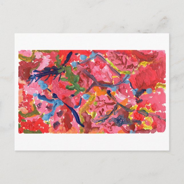 Resumen rojo y rosa con postal resaltada azul (Anverso)