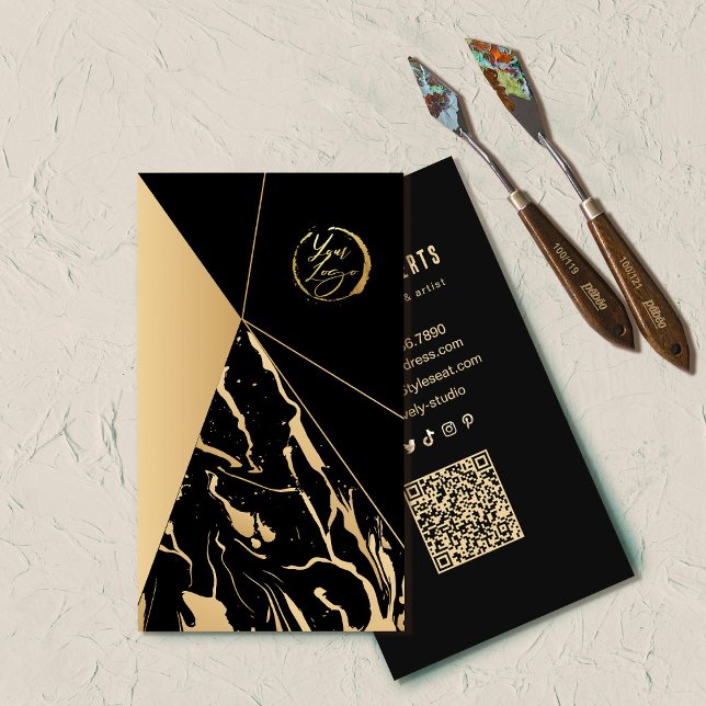 Resumen Tarjeta de presentación para artistas Blac (Abstract Black and Gold artist business card #blackgoldbusinesscard #artistbusinesscard #abstract )