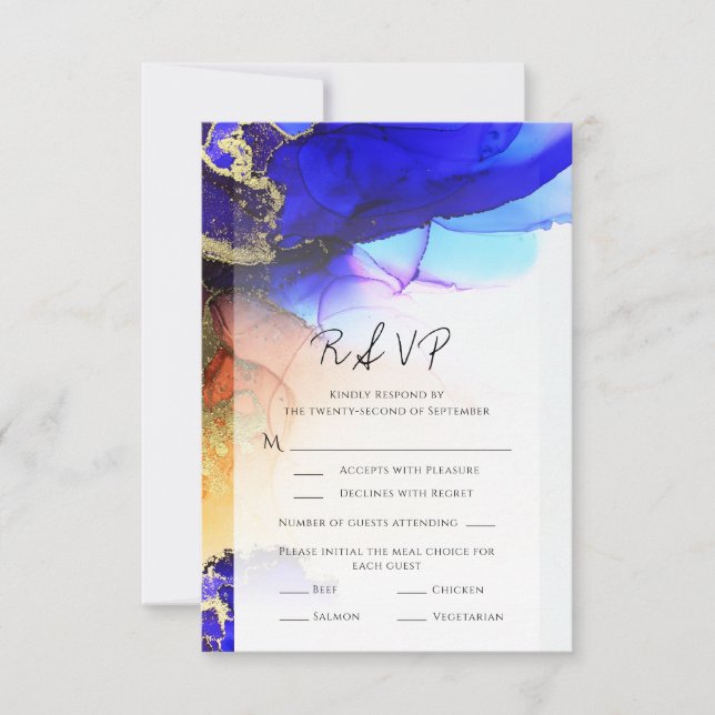 Resumen Tarjeta RSVP de Boda de Oro Naranja Azul (Anverso)