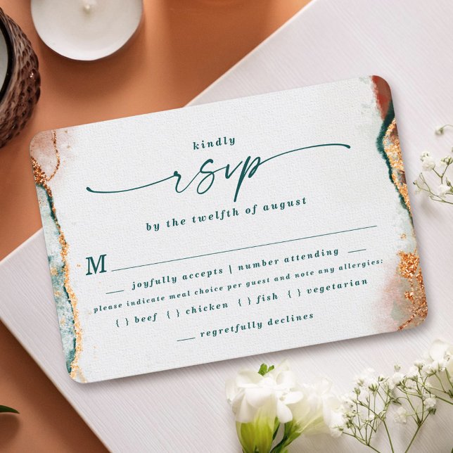 Resumen Tarjeta RSVP de elección de Boda de cobre  (Elegant Teal and Copper Wedding Meal Choice RSVP Cards)