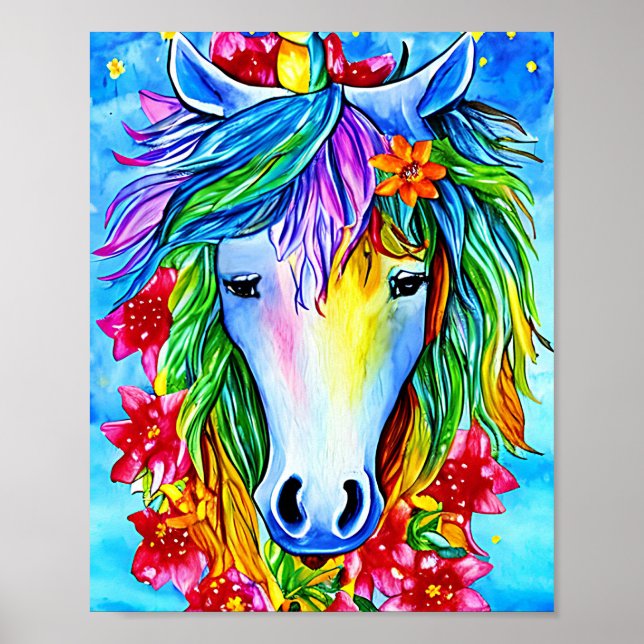 Resumen unicornio Flores faciales acuarela Arte (Frente)