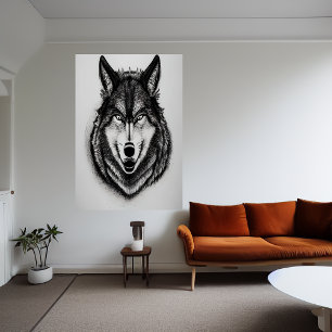 Retrato blanco y negro de un lobo Poster de arte