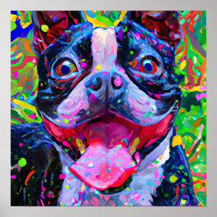 Retrato de arte Crazy Happy Boston Terrier Dog 2