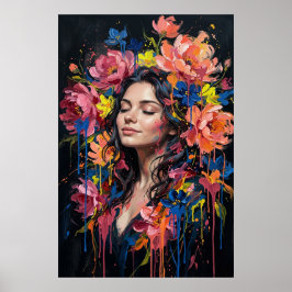 Retrato de arte de goteo floral vibrante mujer pós