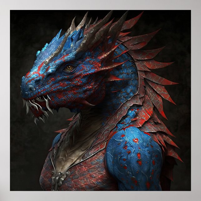 Retrato de arte de IA del dragón rojo azul (Frente)