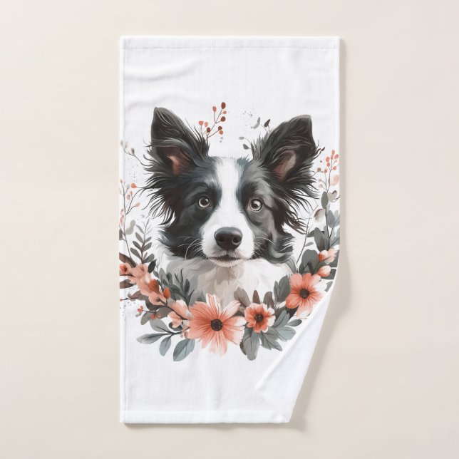 Retrato de Border Collie con Marco Floral (Toalla de mano)