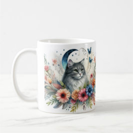 Retrato de gato gris bonito con taza de flores