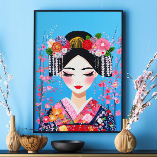 Retrato de Geisha Flores de Cerezo Arte de Pared J