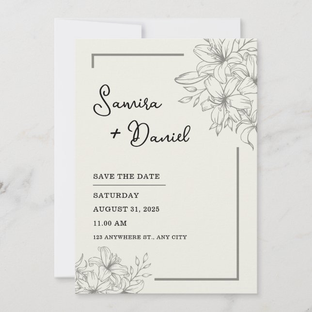 Retrato de invitación a matrimonio simple y gris (Anverso)