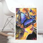 Retrato de mariposa azul de mujer de arte pop<br><div class="desc">Abre tu mente a mayores posibilidades con este cuadro surrealista que presenta a una mujer retrato rodeada de mariposas monarca azul y amarillo naranja. Este colorido diseño de arte pop fue hecho originalmente con pintura acrílica,  acuarela,  lápiz de color y marcador de papel acuarela.</div>