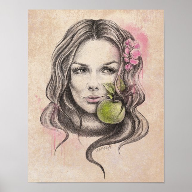 Retrato de mujer con manzana y flor Arte surrealis (Frente)