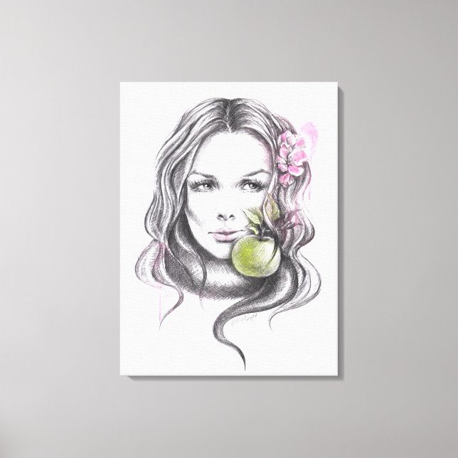 Retrato de mujer con manzana y flor Arte surrealis (Anverso)