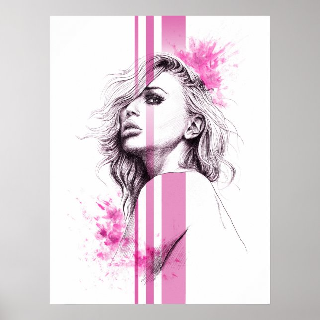 Retrato de mujer con tinta rosada arte de ilustrac (Frente)