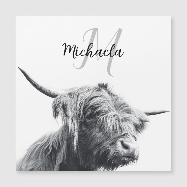 Retrato de vaca Highland monograma inicial blanco  (Anverso)
