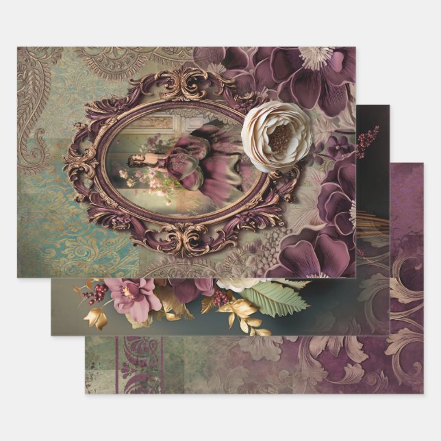 Retrato elegante Lady, papel floral y Demask (Set)