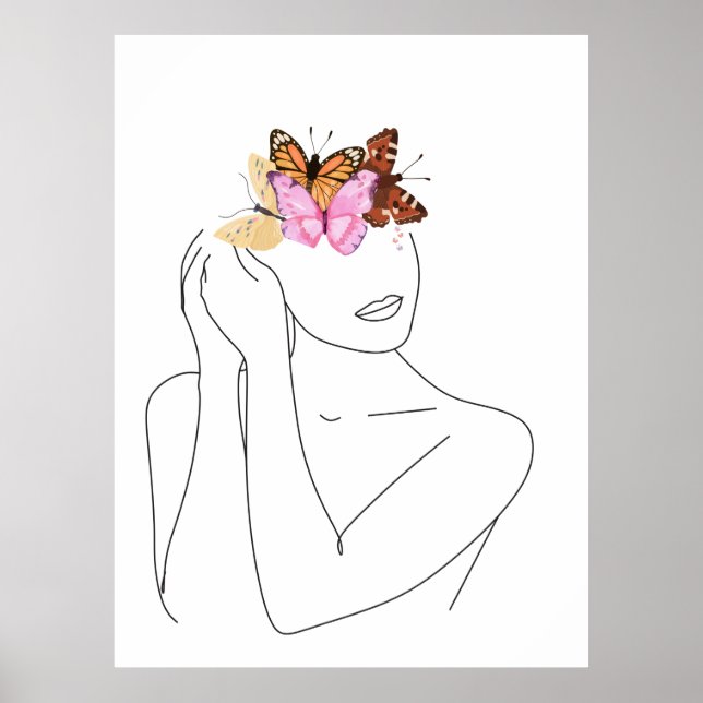 Retrato facial de mujer y mariposas línea de arte  (Frente)