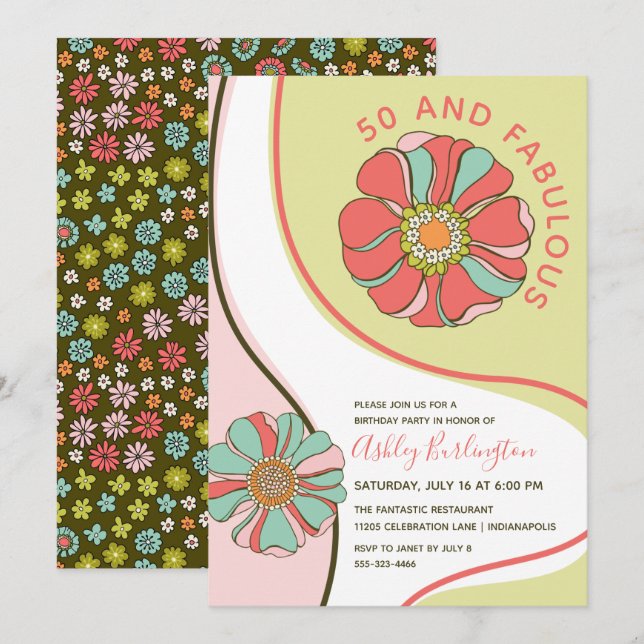 Retro 50 y fabulosa Invitación Groovy Floral (Anverso / Reverso)