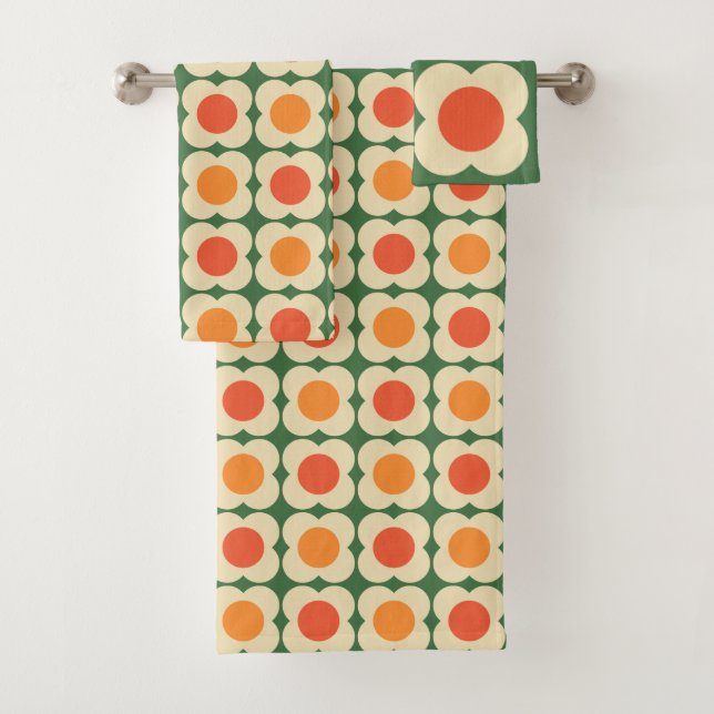 Retro 70s Scandi Flowers -Mid mod- Orange on Green (In situ)