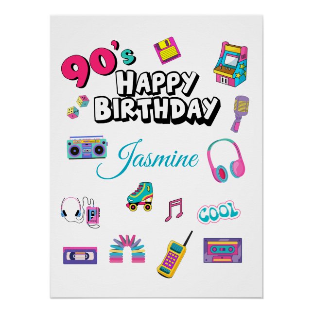 Retro 90s Party Custom Name Happy Birthday Poster (Anverso)