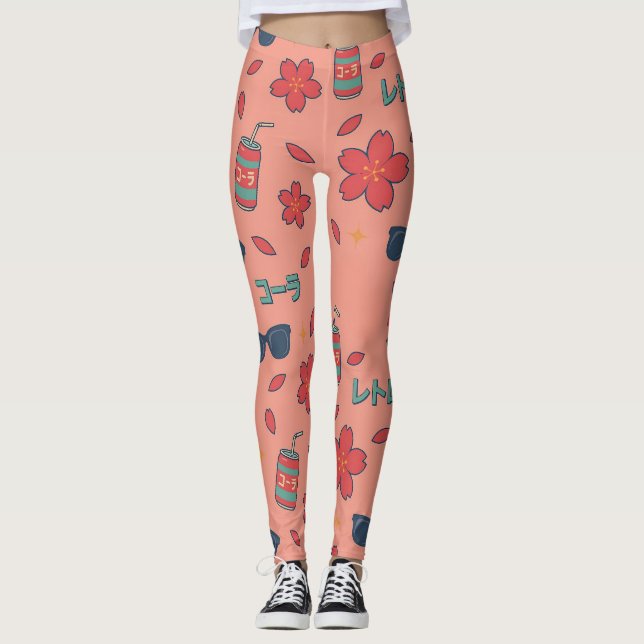 Retro Anime Vacation Icons – Kawaii Neon Leggings (Anverso)